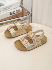 1 Pair Girls' New Fashion Gold Buckle, Glitter Princess Shoes, Suitable For Summer, Beach Sandals - Gold - View 3