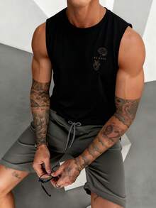 Camiseta de tirantes con gráfico de corazón y cerebro, versátil y de moda para hombre, para el verano - Negro - Ver 2