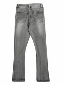 Jeans acampanados bordados, jeans de mezclilla para hombres con letras bordadas, jeans ajustados con pierna acampanada, jeans acampanados desgastados con parches, jeans lavados apilados Y2K, jeans lavados con parches en contraste, aptos para todas las estaciones - Gris - Ver 7