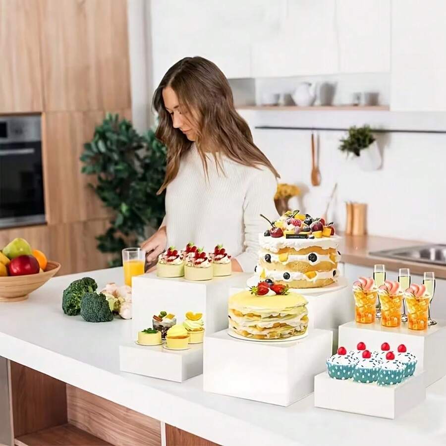 Acrylic Cake Stand Set - 6 Piece Clear Display Risers With Hollow Bottoms, Elegant Dessert Presentation Stands For Parties, Cupcakes, Pastries - Versatile, No Electricity Required - Multicolor - View 1