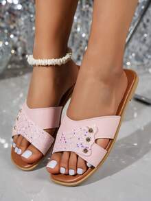 新款夏季休闲平底女凉鞋，露趾透气一脚蹬，时尚优雅，适合海滩和日常穿着。 - 粉色 - 查看 3