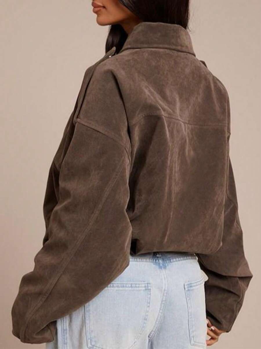 Women's Dark Brown Faux Suede Jacket Lapel Loose Fit Long Sleeve Casual Streetwear Outfit 2025 - 咖色 - 查看 1