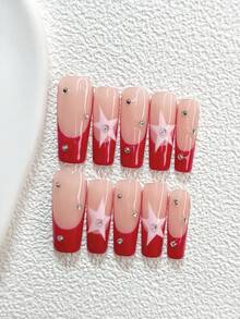 10pcs Set Acrylic Nail Art Kit, Includes Asymmetrical Pink Pentagram Nail Decals, Silver Rhinestones, Red Nail Polish, Burgundy Ombre Style, Ideal Gift For Women And Girls Nails Handmade Press On Nails - Nhiều màu - Xem 15