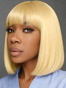 Tóc giả Bob màu vàng hoe 12 inch có mái, tóc tổng hợp thẳng cho nữ, sợi chịu nhiệt độ cao mật độ cao, mềm mại và thời trang, thích hợp cho Halloween, tiệc tùng, lễ hội âm nhạc, phù hợp với mọi phụ nữ - Nhiều màu - Xem 4