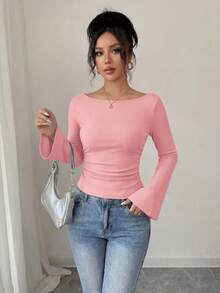 Women's Spring Fall Long Sleeve Shirts Crop Going Out Tops Casual Boat Neck Bell Sleeve Ribbed Ruched Y2K Clothes - Pink - View 7