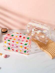 Conjunto de 2 Necessaires Grandes de PVC com Estampa Floral, Transparentes e Portáteis, com Zíper, para Viagem. Organizadoras Multifuncionais para Artigos de Higiene Pessoal, Maquiagem e Cuidados com a Pele. Essenciais para Viagem, Ótimas Opções de Presente para Madrinhas. - Multicolorido - Ver 3