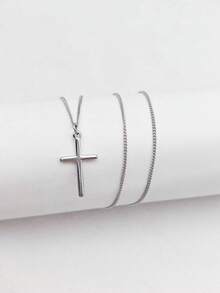 1件不锈钢复古法式银色十字架吊坠项链，男女通用 - 銀色 - 查看 4