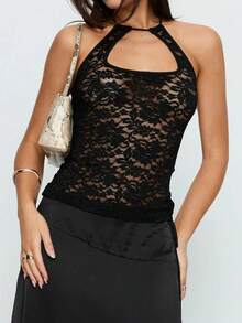 VIVINA 女士百搭纯色花卉蕾丝透视性感时尚吊带上衣，适合音乐节、约会、度假、鸡尾酒会、朋克街头风以及夏季日常穿着，黑色 - 黑色 - 查看 7