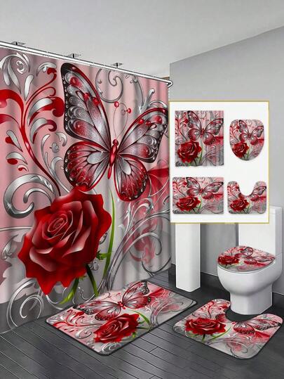1/4pcs Elegant Red & Pink Butterfly Floral Bathroom Set - Opaque Polyester Shower Curtain, Non-Slip U-Shaped With 12 Hooks, Valentine's Day Home Decor