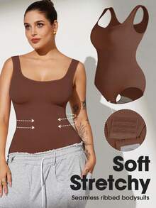1pc Women Plus Size Seamless Bodysuit, Waist Cinching, Tummy Control, Butt Lifting - Brown - View 6