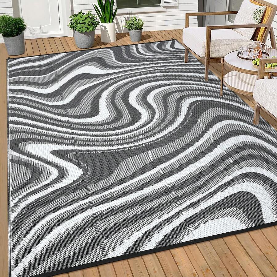 1Pcs Modern Abstract Pattern Outdoor Area Rug For Balcony Pool RV Waterproof Reversible Mat Palm Vintage Straw Plastic Camping Carpet For Patio Deck - Gray - View 1