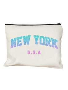 白色化妆品收纳袋 - “纽约”字母印花，耐用可重复使用购物袋，适合日常使用、洗漱用品收纳、储物，便携轻巧，可用于教堂郊游、旅行和工作、度假收纳，也适合海滩日光浴、野餐、露营、旅行、健身、泳池等场合，可重复使用，是日常商务旅行的理想之选，也是情人节礼物、节日礼物的绝佳选择，适合赠送给家人、朋友、同事和同学。 - 彩色 - 查看 12