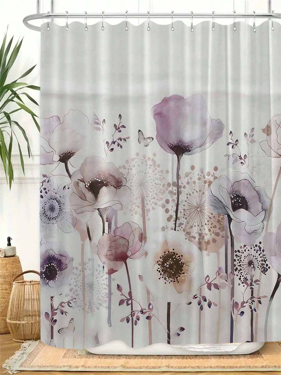 1pc Lightweight & Elegant Floral Shower Curtain With Plastic Hooks, Floral Bathroom Decor Set, Printed Curtain, Fabric, Color And Graceful Bathroom Shower Curtain - C - View 1