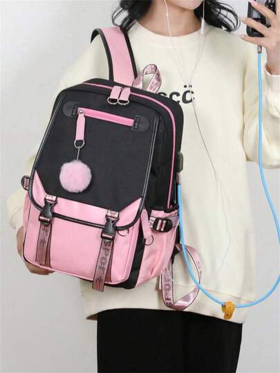 Large School Bag For Teen Girls USB Port Canvas Schoolbag Student Book Bag Fashion Black And Pink Teen School Backpack, Bag For School For College Classic Long Coin Purse, Faux Leather Multi Wallet, Large-Capacity Purse With Zipper