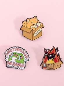 1Set Fragile, Handle With Care Enamel Pins Dog Cat Frog Brooches Lapel Badges Cartoon Emotionally Animal Jewelry Gift For Friends - Multicolor - View 2