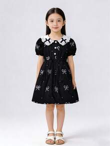 复古洛丽塔女童连衣裙，蝴蝶结印花，黑色蝴蝶结印花泡泡袖女童连衣裙，蕾丝彼得潘领腰部喇叭下摆公主裙，儿童生日派对拍照时尚连衣裙，春夏款 - 黑色 - 查看 6