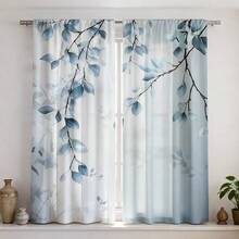 2pcs Elegant Floral Curtains - Gray Background With Blue Leaf Pattern, Easy Installation With Rod Pocket Design For Enhanced Privacy, Suitable For Bedroom, Living Room, Kitchen And Bathroom, Machine Washable, Living Room Curtains - Multicolor - View 1