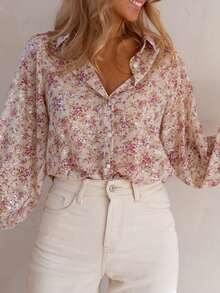 Áo sơ mi nữ dài tay in họa tiết, cài cúc phía trước, chất liệu polyester, có cổ và tay áo kiểu tay phồng, dáng suông, hơi mỏng, màu hồng nhạt, thích hợp cho kỳ nghỉ xuân. - Hồng - Xem 10