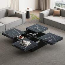 Modern Square Coffee Table With Marble Look, 90*90*25 Cm Centre Tea Table With 4 Sliding Drawers, Black End Table For Living Room Office - Black - View 5