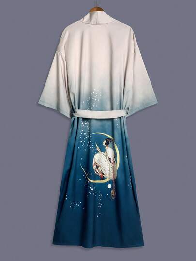 Traditional Ombre Starry Print Mid-Length 3/4 Sleeve Kimono Cover Up Thin Jacket, Elegant Casual Loose Outerwear For Women, Suitable For Beach, Travel, Resort, Loungewear, Festival, Party Spring