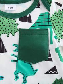 3件套婴儿可爱卡通恐龙条纹长袖连脚连体衣带口袋 - 綠色 - 查看 6