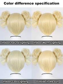 时尚女士短直金色波波头动漫角色扮演假发，带刘海和双卷爪夹发髻，适合日常派对佩戴，自然逼真，耐热合成三件套假发，适合节日化装舞会、动漫展、展览、节日舞台表演，可作为圣诞节生日礼物，新手友好 - 彩色 - 查看 9