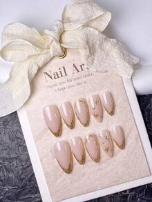 10片手工亚克力印花美甲片，短款假指甲，杏仁形指甲，可爱美甲，Y2K风格美甲，法式美甲，金色指甲搭配手绘星形图案，奢华风格，适合日常、家庭聚会及各种场合。 - 金色 - 查看 2