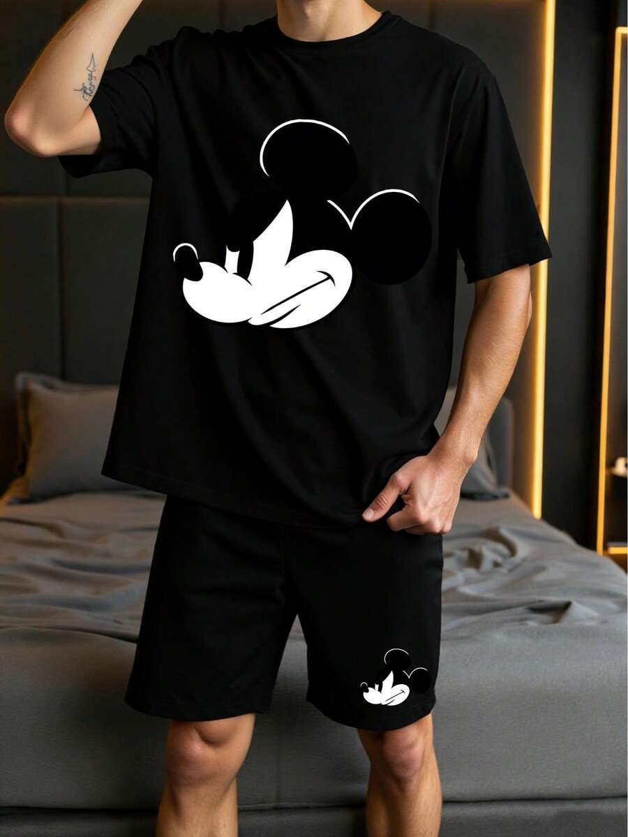Disney 2pcs Mickey Mouse Print Men's Casual Loungewear Set, Round Neck Top And Shorts, Suitable For Spring/Summer - Black - View 1