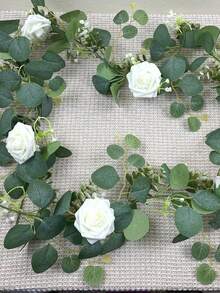 1/2个人造尤加利花环，配白色玫瑰，仿真花环，人造海滨海桐花环，配绿色藤蔓，适用于婚礼装饰、拱门悬挂玫瑰藤蔓、仪式背景、室内和派对、生日庆典、婚礼背景、门廊、桌面中心装饰 - 白色 - 查看 11