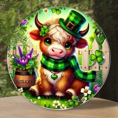 1 件圣帕特里克节高地牛圆形金属牌 | 7.8 英寸金属墙饰，适用于家居、酒吧、咖啡馆 - 室内/室外装饰牌匾，20 厘米趣味礼物，孔位随机