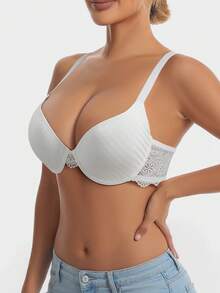 Sujetador push-up sexy, sujetador de encaje de unicolor para mujer, sujetador crop top con aros, sujetador push-up, sujetador adhesivo sin espalda, lencería para mujer - Blanco - Ver 3