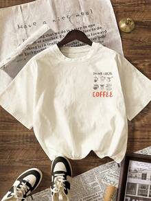 咖啡俱乐部图案T恤，女士休闲圆领短袖T恤，春夏款 - 淺杏色 - 查看 3