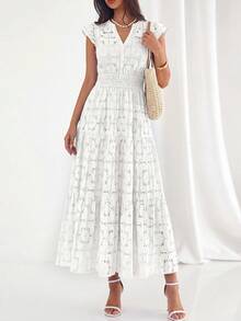 Womens Boho Maxi Dresses  Summer Floral Lace Eyelet V Neck Spring Wedding Guest Dress Beach Vacation Clothes - 白色 - 查看 5
