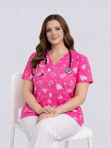 cimmuovere Plus Size Women's V-Neck Loose Short Sleeve Cute Heart Print Dual Pocket Scrubs Nurse Scrubs Workwear Dentist Healthcare Pet Hospital Laboratory Top Pink Spring - Pink - View 5