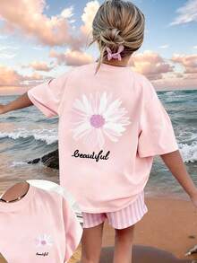 Tween Girl Floral Print Round Neck T-Shirt, Summer Top - Pink - View 1