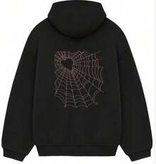 Men's And Women's Graphic Hoodie, Spider Graphic Man Hoodie,Along With A Spider Web, Fashionable Men's  Hoodie, Surprise Gift For Friends And Family, Knit Fabric, For Autumn And Winter - 黑色7 - 查看 1