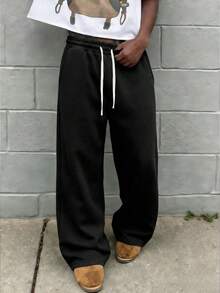 Men's Loose Casual Sports Pants, With Solid Color Wide Leg Design, Drawstring Waist And Large Pockets, Suitable For Daily Walking, Work, Travel And Other Occasions - Black - View 9