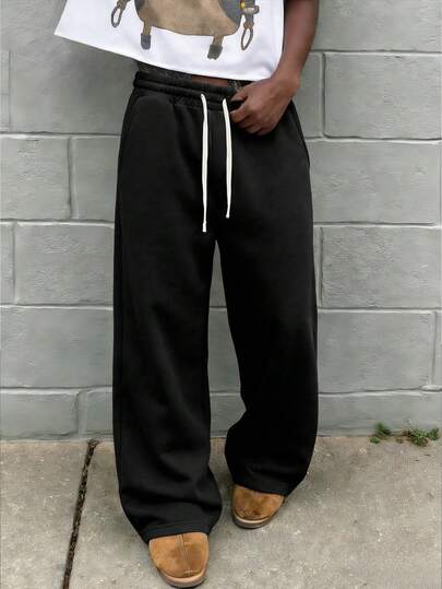 Men's Loose Casual Sports Pants, With Solid Color Wide Leg Design, Drawstring Waist And Large Pockets, Suitable For Daily Walking, Work, Travel And Other Occasions