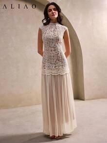 色彩缤纷的佩斯利刺绣网纱拼接薄纱连衣裙，复古奢华风格，适合宫廷盛会、晚宴、情人节、毕业派对、节日等各种场合，尽显夏季优雅气质。 - 杏色 - 查看 6