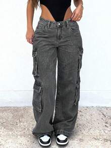 Plus Size Women's Y2K Streetwear Multi-Pocket Straight Leg Cargo Jeans Casual Spring - Light Grey - View 5