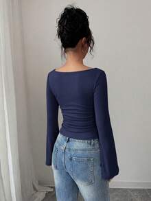 Women's Spring Fall Long Sleeve Shirts Crop Going Out Tops Casual Boat Neck Bell Sleeve Ribbed Ruched Y2K Clothes - Navy Blue - View 3