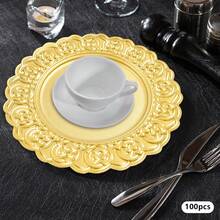 100pcs Modern Charger Plates Bulk, Dinnerware 13'' Plastic Embossed Dinner Plate Chargers Round Floral Plates For Wedding Decorative Chargers For Table Dinner Kitchen Party Decoration(Gold/Silver) ﻿ - Gold - View 4