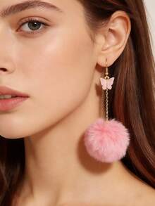 1pair Fashionable Cute Pink Velvet Ball & Butterfly Dangle Earrings, Party Accessories For Women - Pink - View 1