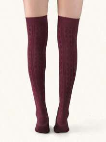Solid Over The Knee Socks - 酒紅色 - 查看 5