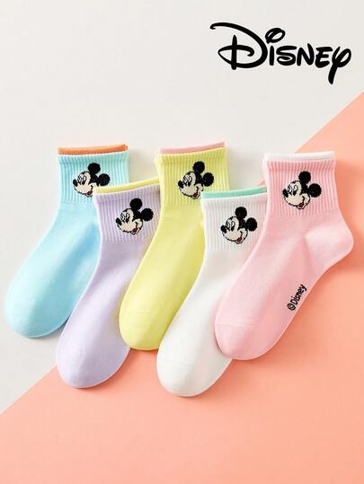  5 Pairs Disney Mickey Mouse Family Colorful Mid-Calf Socks For Kids, Spring/Summer, Adorable Cartoon Disney Patterns, Fashionable Casual Breathable Student Socks, Suitable For Daily Wear, Back To School, Holiday Gifts