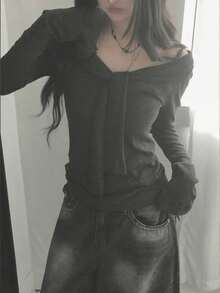 Retro Korean Style Bow Tie Shoulder Twist Knit Long Sleeve T-Shirt, Versatile & Slimming - Grey - View 3