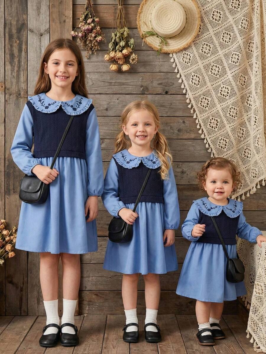 Tween Girls' Collegiate Style Embroidered Peter Pan Collar 2 In 1 Long Sleeve Patchwork Dress - Blue - View 1