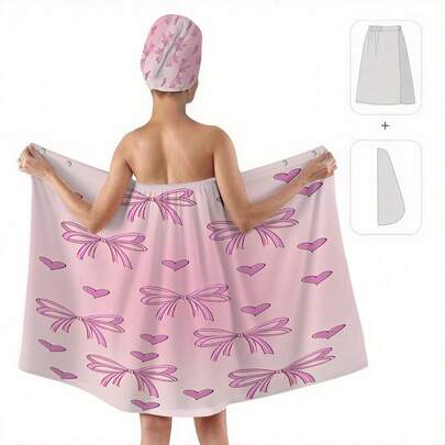 2pcs/Set Modern Heart & Bow Print Bathrobe And Hair Turban Set, 100% Polyester, Super Soft, Adult Home Bathrobe And Shower Cap, Suitable For Bathroom, Sauna, SPA And Salon, Women Robe, Daily Decor