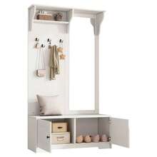 100*40*180cm Wardrobe With Mirror, 5 Coat Hooks, 2 Cabinets And Shelf, Hallway Coat Rack, Clothes Stand With Shoe Cabinet, Hallway Wardrobe, Compact Wardrobe, White - White - View 9