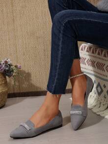 Women's Rhinestone Embellished Pointed Toe Loafer Flats - Comfort Slip-On Casual Shoes, Multi-Color Stylish Office Commute Daily Footwear For Ladies - Light Grey - View 3